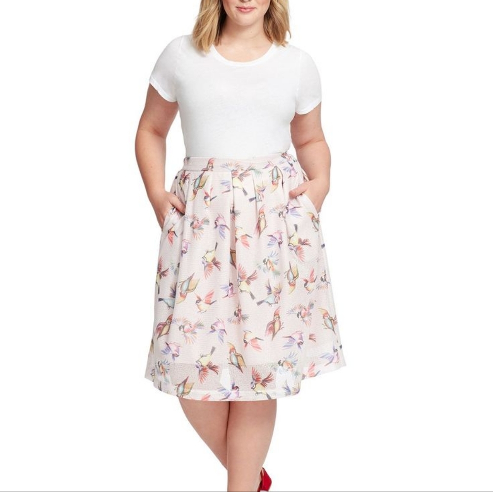 Anthropologie Hutch Pink Midi Skirt - Pastel Birds - With Pockets!